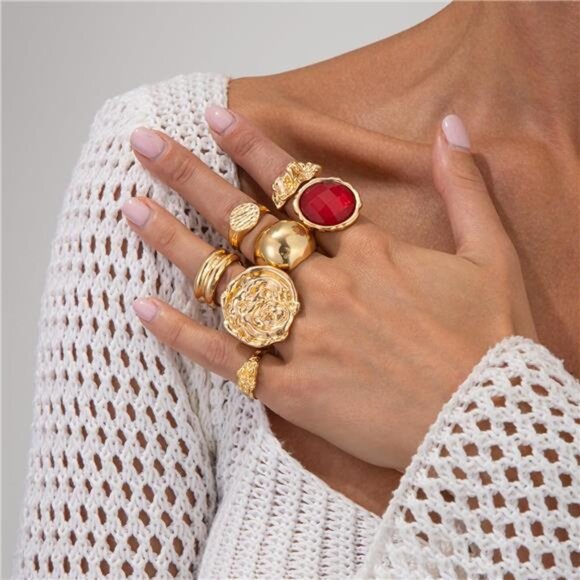 Vintage Boho Gemstone Ring Set – 6-8pc Gold-Tone Stackable Statement Rings - Picture 3 of 6